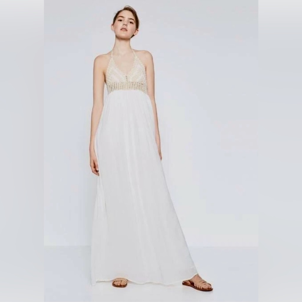 Zara Ecru Crochet Halter Top Maxi Dress Large Nwt